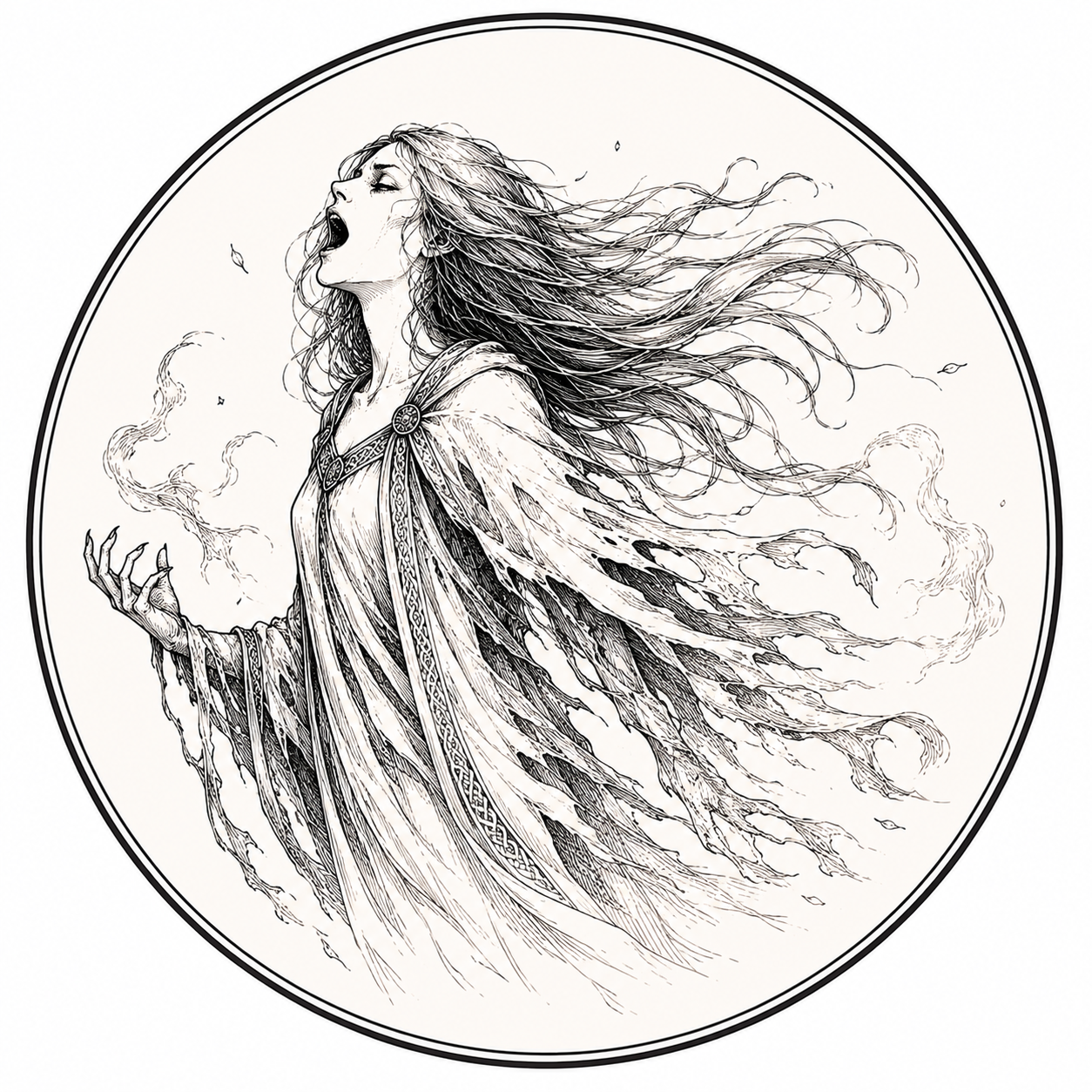 Line drawing of a banshee wailing