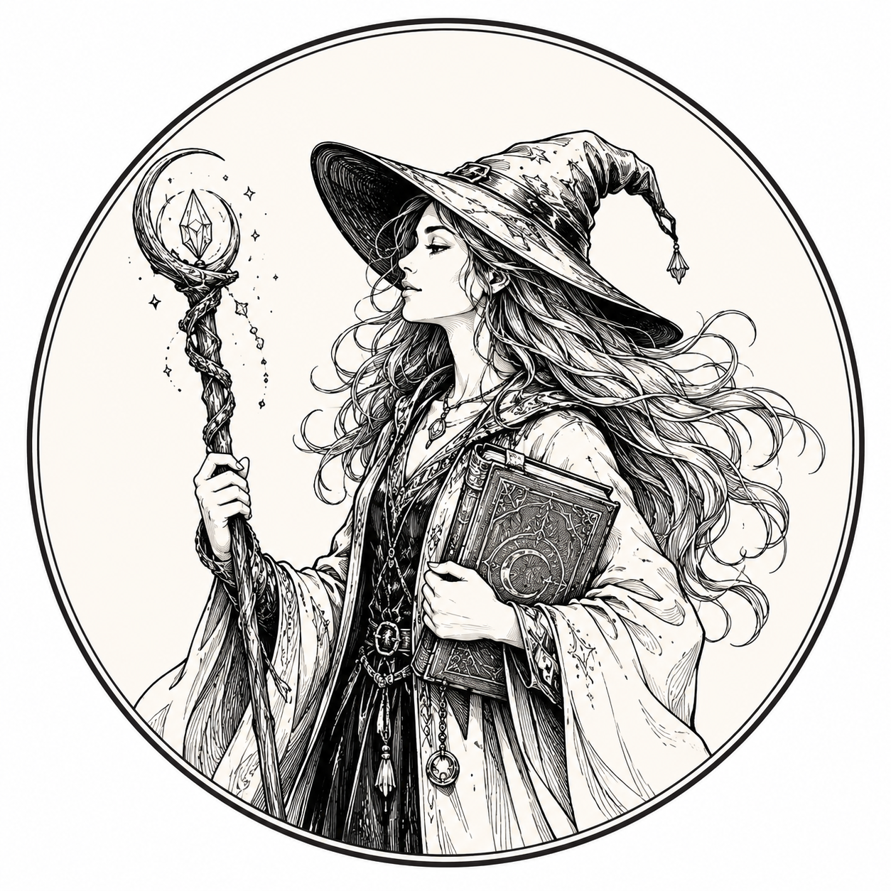 Line drawing of a witch
